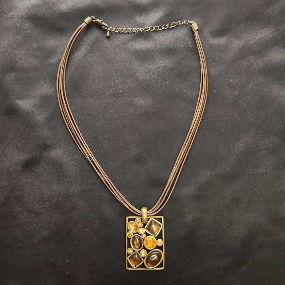 Vintage Park Lane Tigers Eye Gems Orange Tan Pendant Necklace Leather Chain